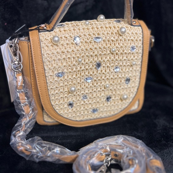 🤎STEVE MADDEN Elegant Saddle Bmelodie-Straw Pearl-Embellished Handbag🤎NWT - Picture 16 of 17